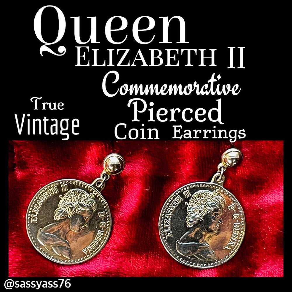 ⭐️HP⭐️VTG▪️Queen Elizabeth II D.G. Regina Commemorative Pierced Coin Earrings
